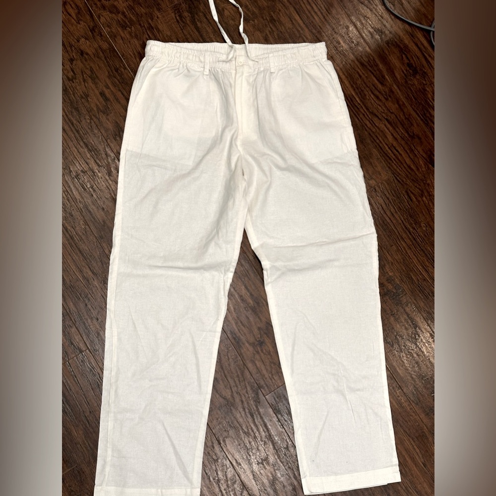Linen cotton blend creamy white womens 2X pants NWOT. Button, zip elasti…
